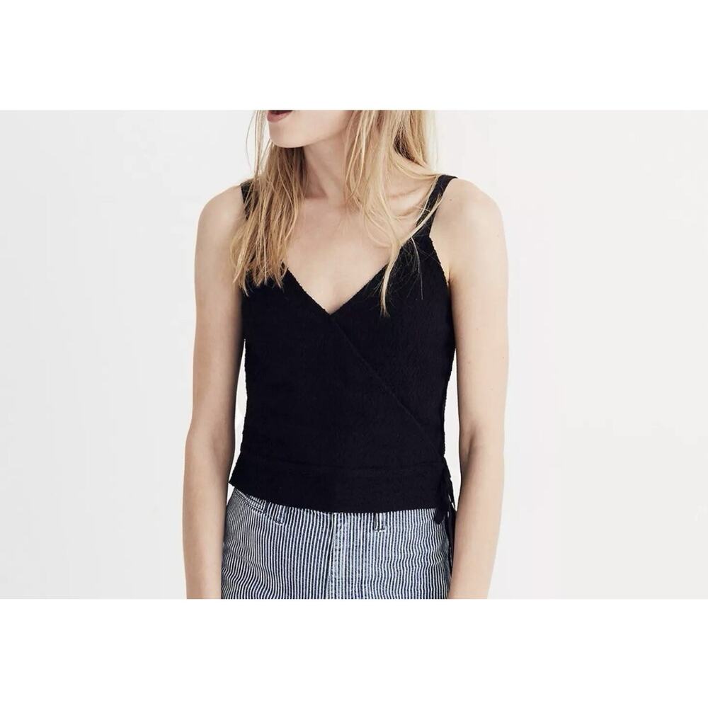 MADEWELL BLACK SLEEVELESS JACQUARD SIDE TIE FAUX WRAP FINALE TANK TOP SZ. S